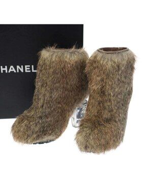 Chanel 10 AW Fur Short Boots Beige 36